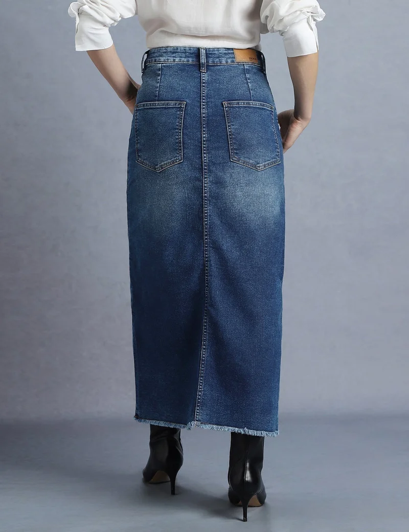 inkd Denim Drama Women's Denim Skirt - Midi Skirt with Front Slit | Long Straight Fit Skirt for Women | Skirt for Woman for Women | Best Price UAE
